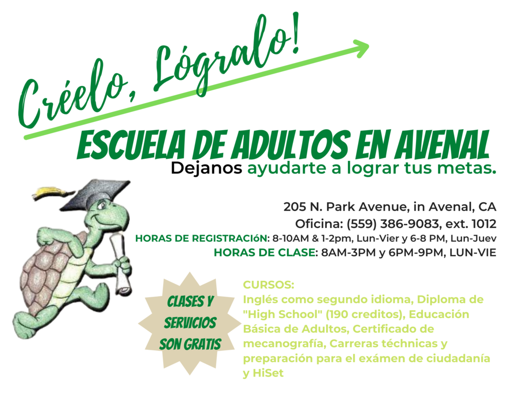 Avenal Adult School Informational Flyer Spanish