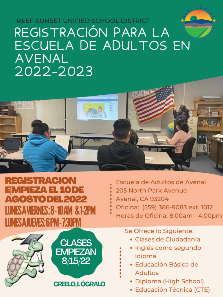 20222023 Registracion para la Escuela de Adultos de Avenal Reef