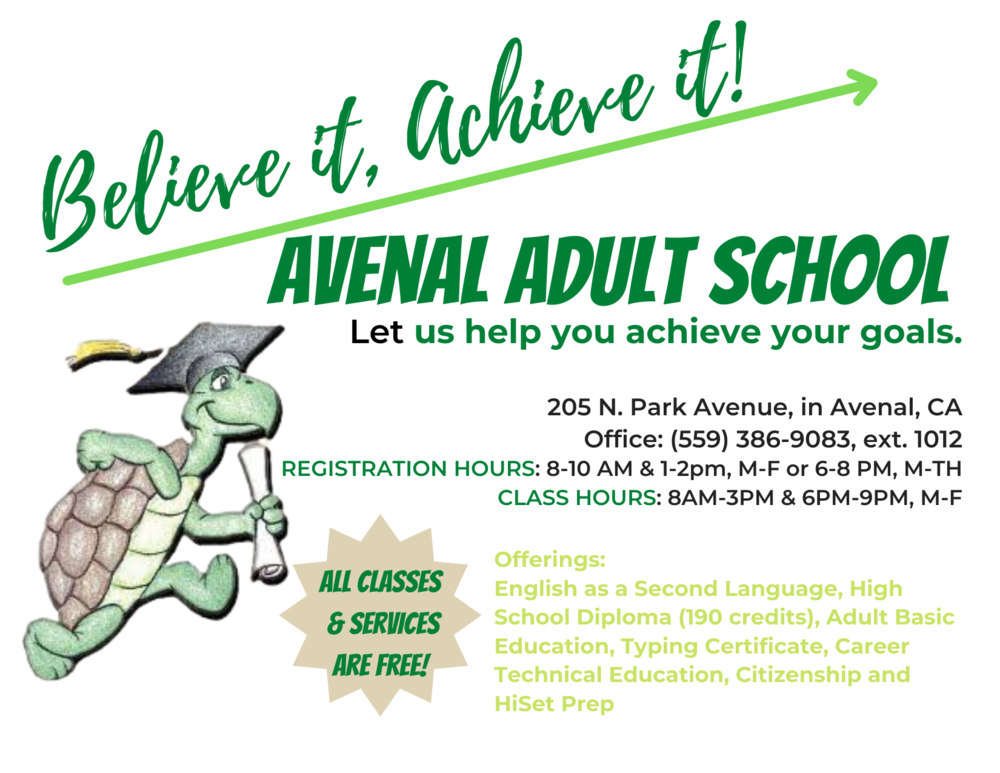 Avenal Adult School Informational Flyer English